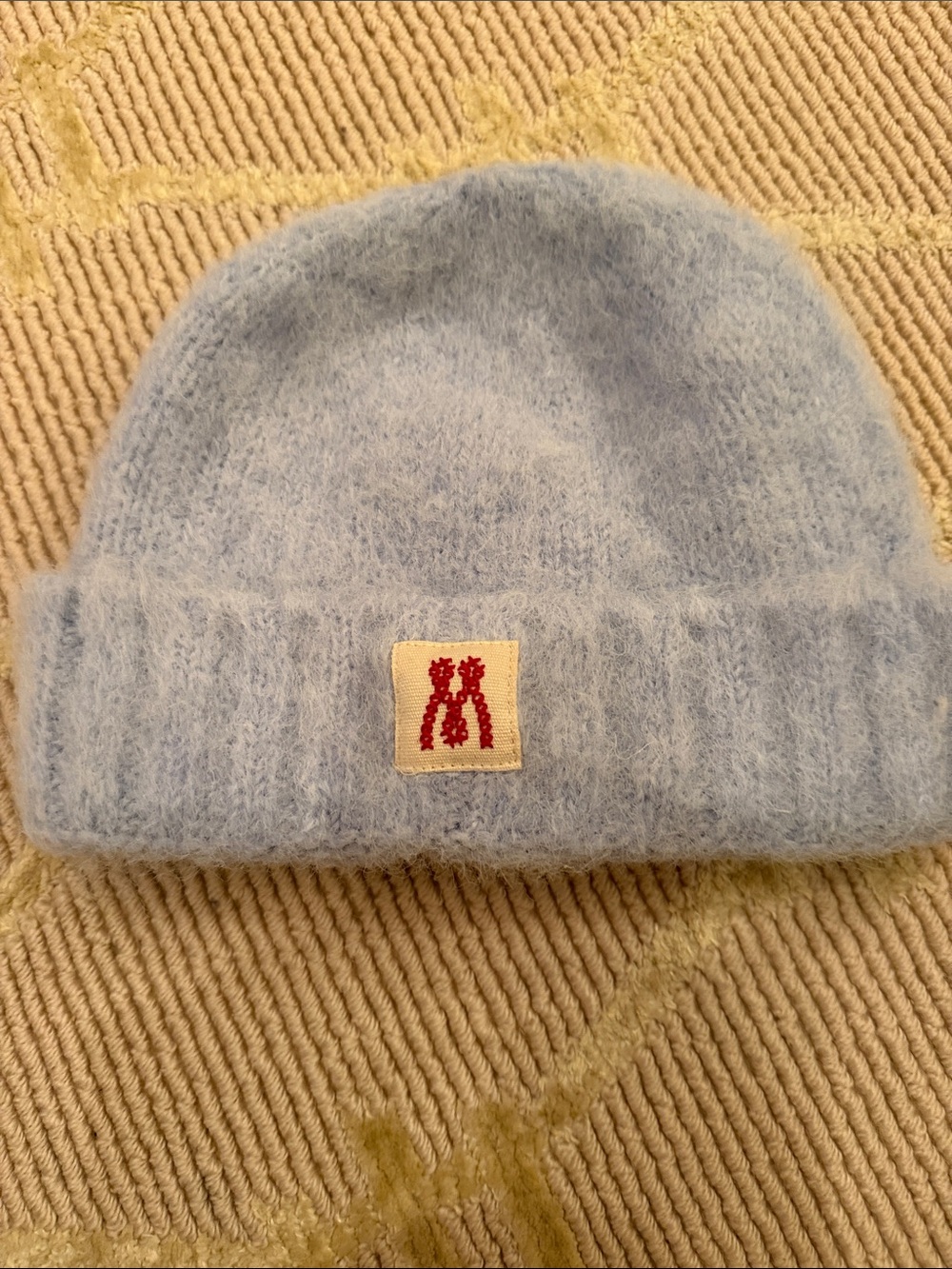 Mother Light Blue Knit Beanie with Red Logo Patch